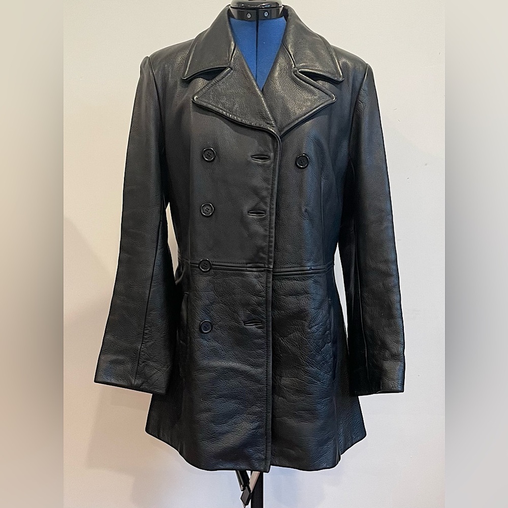 Jones New York Double Breasted Genuine Leather Jacket with Pockets Size Small